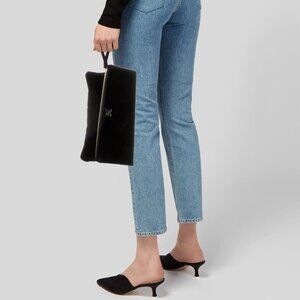 Carolina Herrera Black Velvet Fold Over Clutch with a Wristlet Gold Logo